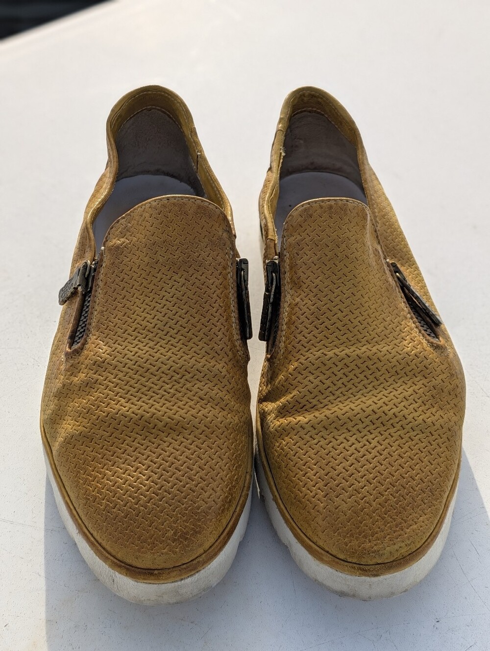A.S. 98 | Mustard Yellow Perforated Slip On Flats Zippers Size 38-39 8.5
